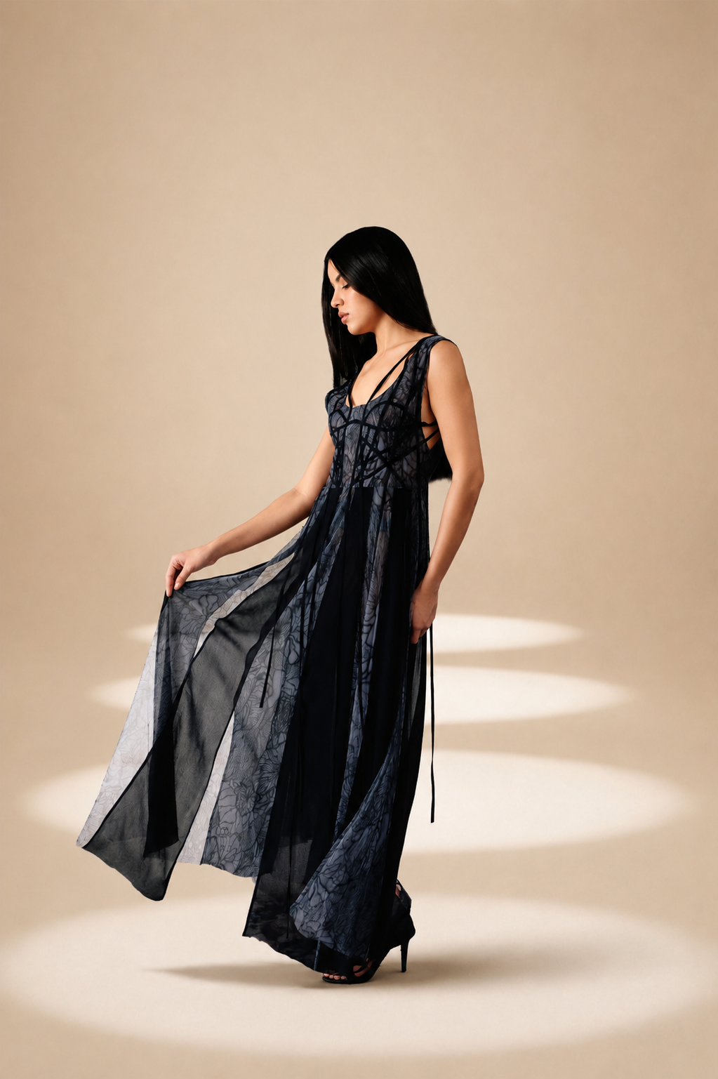 Ethereal Flared  Dress Midnight nylon-mesh-silk