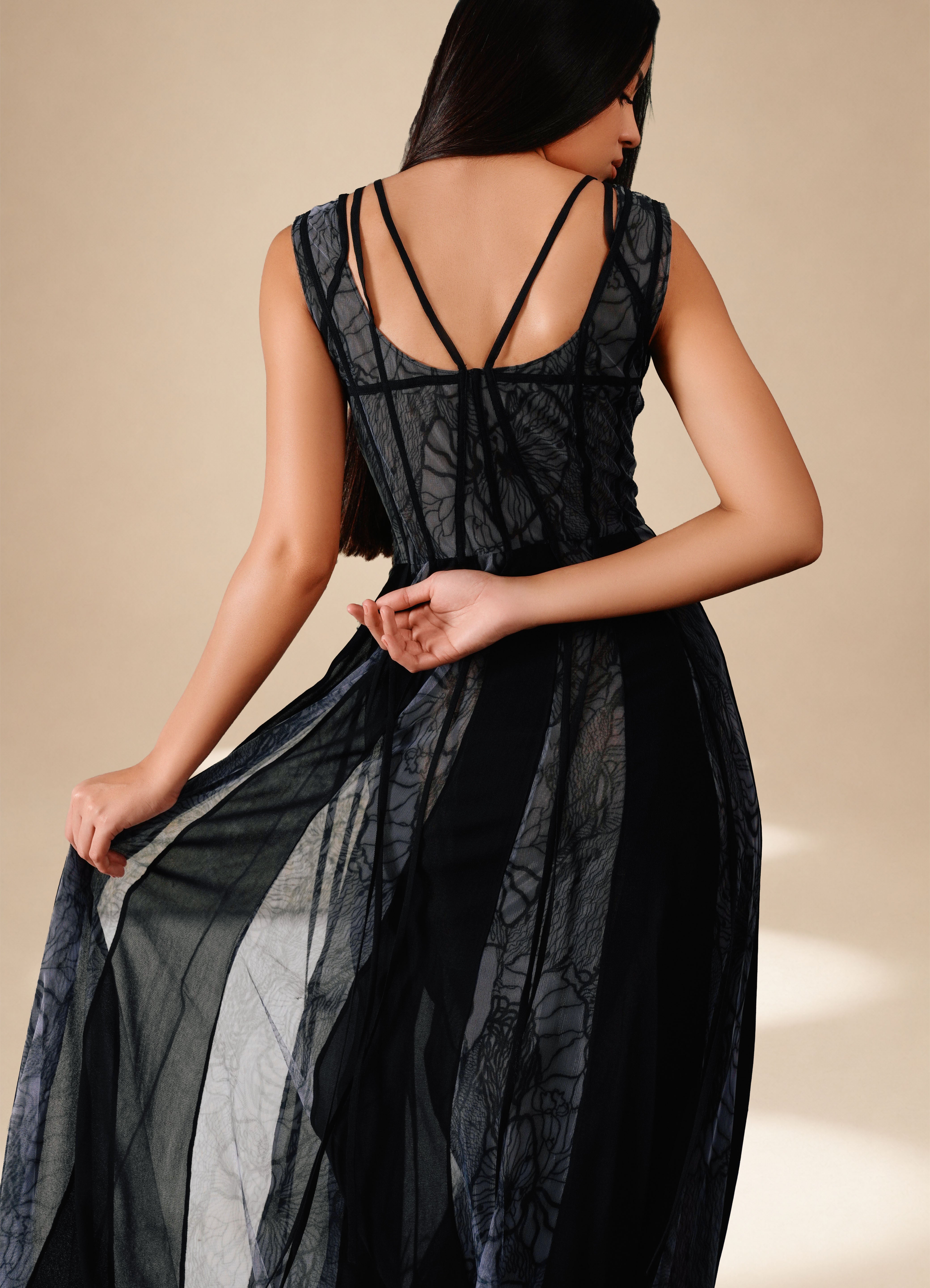 Ethereal Flared  Dress Midnight nylon-mesh-silk