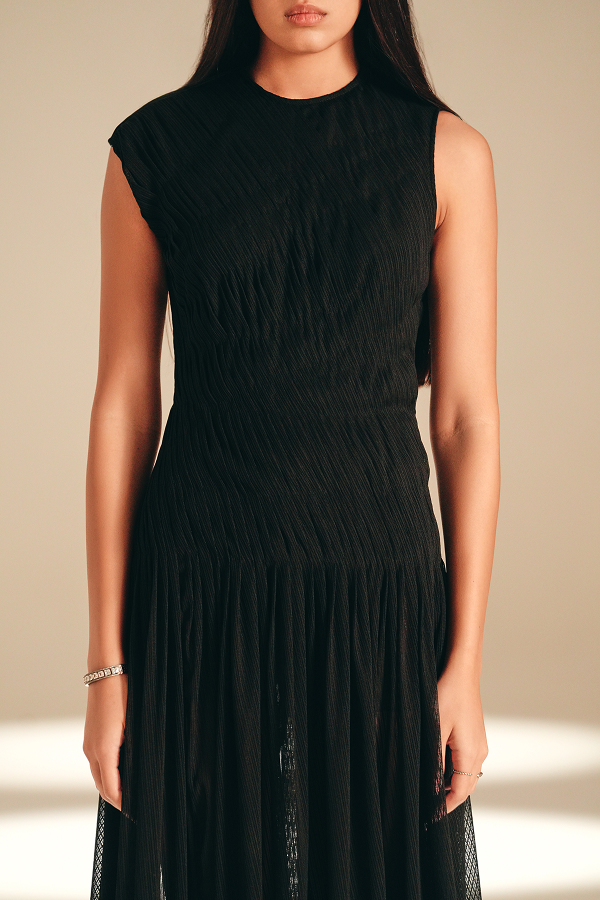 Imprint Pleated Dress Midnight nylon-mesh