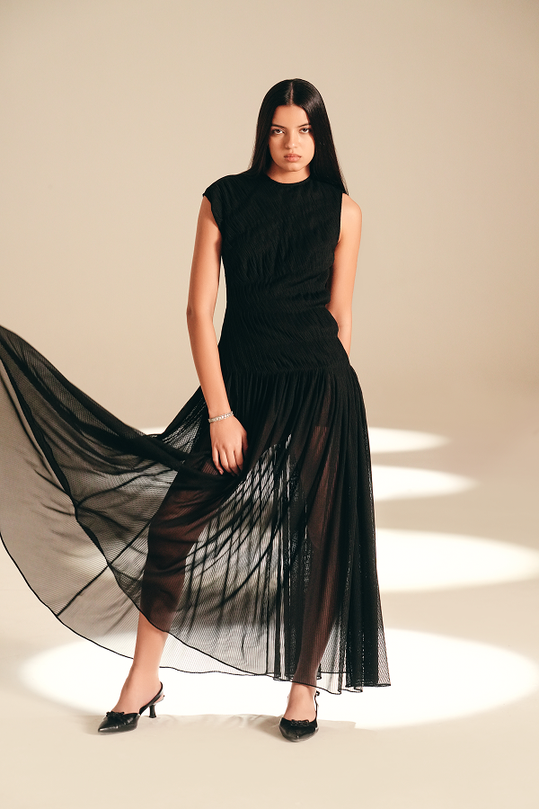 Imprint Pleated Dress Midnight nylon-mesh