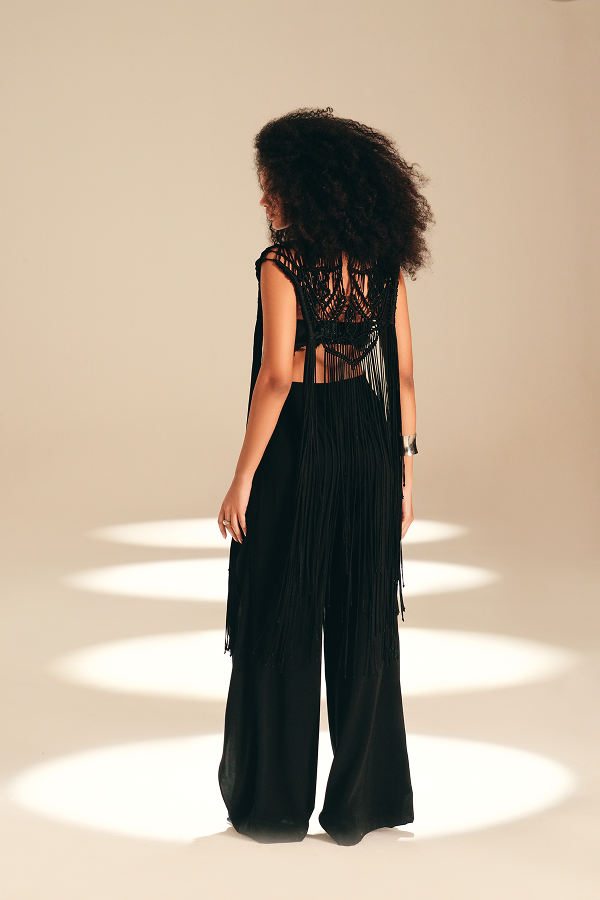 Macrame Fringe Top Midnight viscose-chord