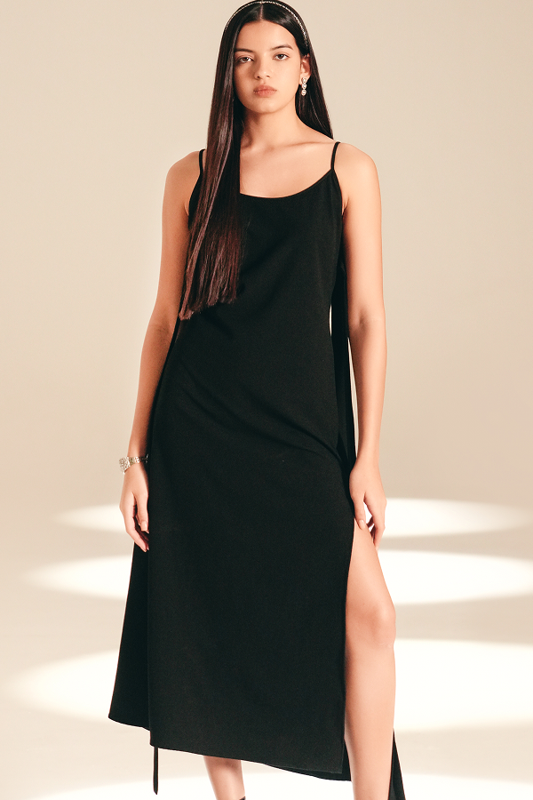 Sheath Side Slit Dress Midnight textured-crepe