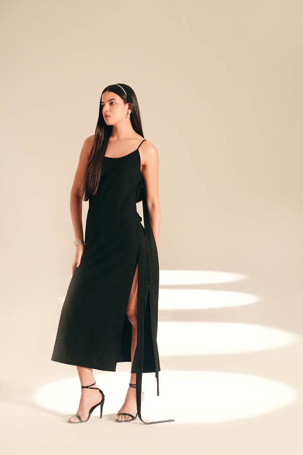 Sheath Side Slit Dress Midnight textured-crepe